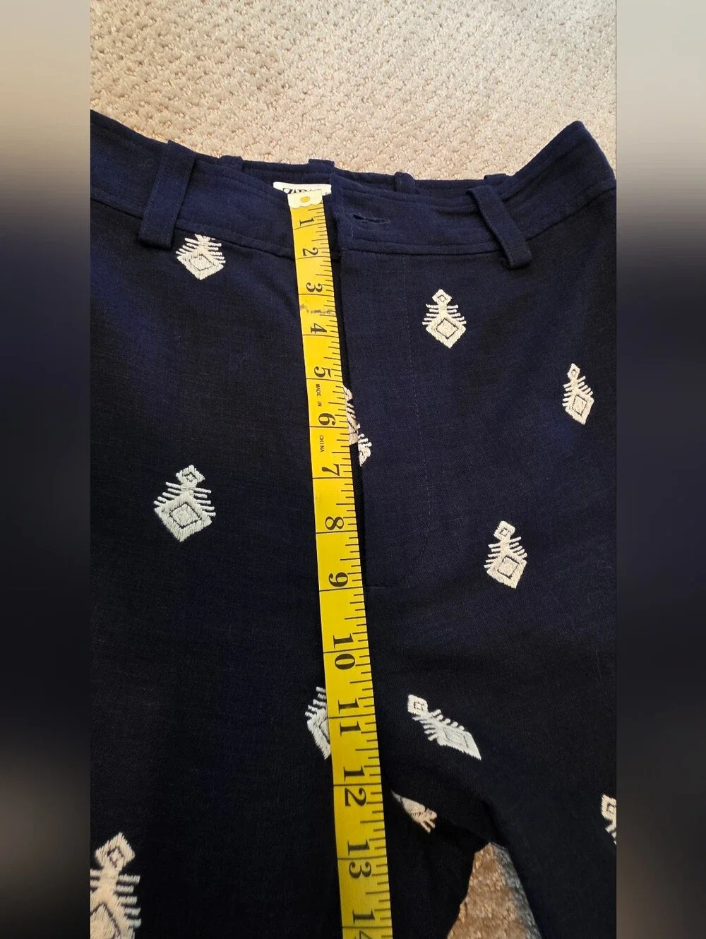 Zara Navy Wide-Leg Embroidered Pants with White Motif